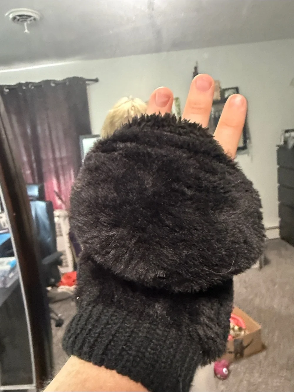 Black Faux Fur Mittens Women’s Plush Winter Gloves Knit Cuff